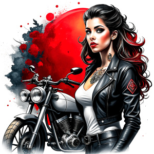 motorcycle bikergirl tattoo design - perfect realistic art - high-definition - grey and black - white background 