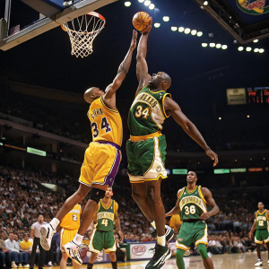 Vin Baker and Shaquille O'Neal mid-game action shot. Rival teams, Seattle SuperSonics vs Los Angeles Lakers, players jumping for the ball.
