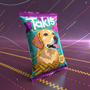 Takis snack pack with a glitchy digital aesthetic. Pixelated dog graphic. Glitchy lines and distorted backgrounds