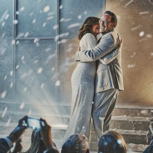 Mariska Hargitay and Dean Winters embracing at the 'Law & Order SVU' finale party. Vibrant, bustling atmosphere with media and fans