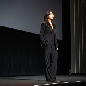 Min Hyo-Lyn at the 'Tazza: The High Rollers 2' premiere, dressed in a black suit, standing alone on a dark stage with minimalistic backdrop.
