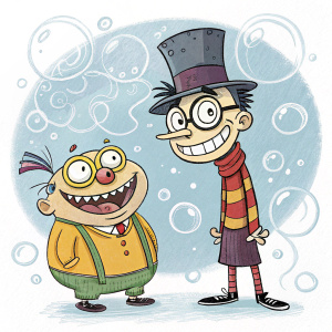 Hand-drawn cartoon characters from Ed, Edd & Eddy, featuring Ed's round head and large teeth, Edd's tall hat and glasses, and Eddy's mischievous grin. Set against a whimsical, abstract background filled with bubbles and swirls.