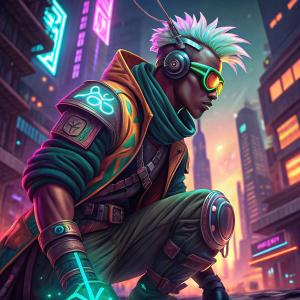 Digital art featuring Ekko from League of Legends. Vibrant colors, dynamic poses, futuristic accessories.
