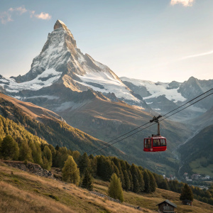 Scenic photograph of the Matterhorn mountain range in Zermatt, Switzerland. Snowy peaks and a red cable car.