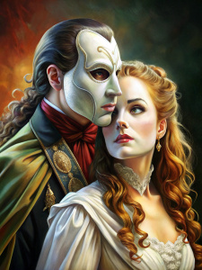 El fantasma de la opera con su media mascara en la cara, alta calidad, cuerpo completo, con una mujer