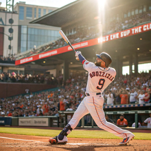 Marwin Gonzalez swinging at the ball. Wearing Houston Astros jersey with number 9. Bright sunny day at the ballpark. Crowd cheering