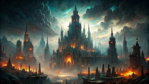 Mystical demon city with towering spires and glowing lights, 