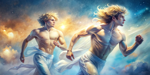 Ancient Greece. Stadium in Athens. A couple of realistic cute shirtless slim 18-year-old guys with blond wavy hair wearing white perizoma, barefoot, at full height, are running very fast in Olympic Games on a sunny afternoon.