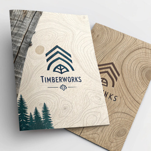 TimberWorks promotional flyers, printed on rough paper with natural wood grain texture. Contemporary logo and text
