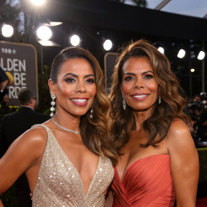 Christina Vidal and Lisa Vidal, twins in glamorous evening gowns, posing for photographers at the Golden Globe Awards.