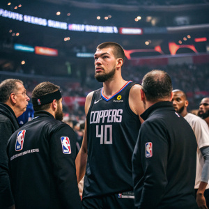 Ivica Zubac, the LA Clippers player, stands in a packed stadium. Wearing jersey number 40. Surrounded by coaches and team managers. Focused expression, ready for game