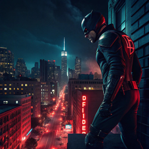 Digital art poster for Netflix's Daredevil series. Nighttime skyline of Hell's Kitchen, red and blue neon lights. Daredevil in black suit with yellow emblem, leaping towards the camera