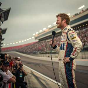 Dale Earnhardt Jr, in racing gear, giving an interview at the NASCAR race track. Crowd visible in the background.