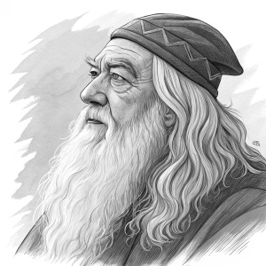 Detailed black and white illustration of Albus Dumbledore. Sketch-like style with shading and line work, focusing on Dumbledore's face and long white beard.