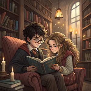 Sketch of Harry Potter and Hermione Granger in a cozy library. J.K. Rowling's Harry Potter universe
