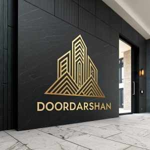 Modern logo design for Doordarshan. Sleek golden color, abstract pattern inspired by architecture. Brand name 'Doordarshan' in bold black font below.