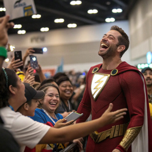 Zachary Levi, in character as Shazam, laughing heartily at Comic-Con. Crowded hall with eager fans