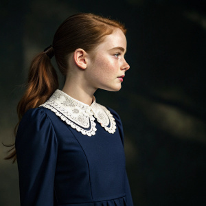 Sadie Sink in a formal navy blue dress with white lace collar. The dark, shadowy backdrop highlights her glowing face and reddish-brown hair tied in a sleek ponytail.