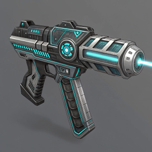Concept art of a high-tech weapon from Ratchet & Clank. Intricate design with geometric shapes and lines. Digital illustration.