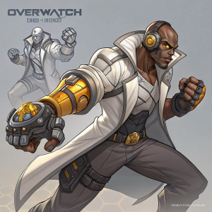 Digital sketch of Doomfist from Overwatch, created by artist Qiu Fang. Shown in various dynamic poses. Male character with cybernetic enhancements, white jacket. Neutral grey background, graphic novel style.
