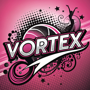 A vibrant pop-art logo featuring the bold text 'VORTEX'. The design is a fusion of pink and black, with a modern, energetic vibe.