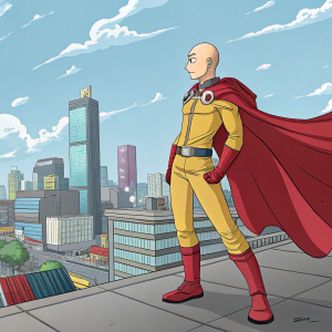 Saitama, the hero from 'One Punch Man', illustrated in color. No hair, red cape, belt with emblem. Dynamic pose, in a vibrant urban landscape.