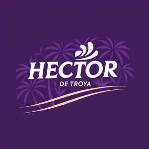 Modern logo for Hector De Troya. Bold white font against deep purple background. Creative, flowing script.