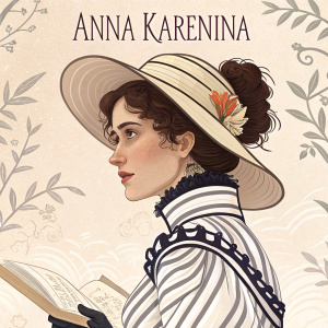 Book cover for Anna Karenina. Anna Karenina is illustrated in period dress. White and black striped dress, large ornate hat. Close-up focused expression. Background features text and a soft beige tone. Illustration style detailed and stylized.