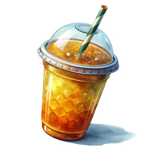 ice tea in plastic cup with straw, white background