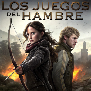Promotional poster for 'Los Juegos del Hambre' featuring Katniss and Peeta, in a dramatic pose.