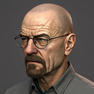 3D model of Walter White, protagonist from Breaking Bad. Wrinkled face, glasses with black frames, intense stare. Solid gray background.