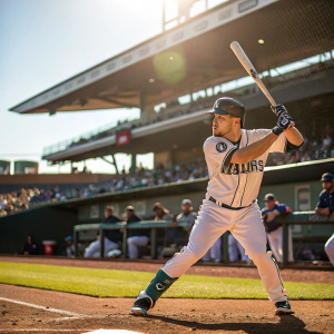 Cal Raleigh, clad in Seattle Mariners jersey, batting stance on sunny day. Soft shadows of ballpark crowd and dugout in background.