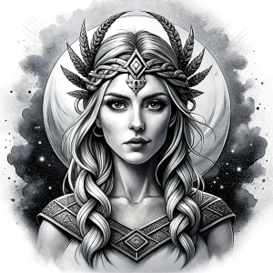 Nordic Godness Snotra - perfect realistic art, high-definition grey and black, white background tattoo design