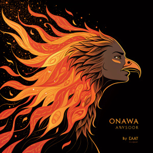 Digital illustration for Onawa artbook by ESAT. Modern, artistic style. Fiery, abstract design in vibrant orange hues against stark black background.