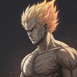 A detailed sketch of Saitama from One Punch Man. Pencil illustration, textured, muscular build, fiery hair, intense facial expression, set against a dark background.