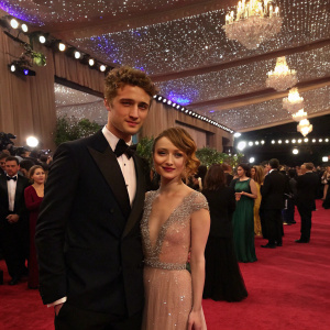 Max Irons and Emily Browning at a gala event. The venue is lavishly decorated with chandeliers and red carpet. Crowded with attendees.