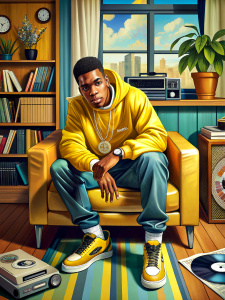 An African American rapper with good shape and profile appearance is sitting on a blue sofa, with a serious and thoughtful expression. He wears a silver chain around his neck and wears a yellow sweatshirt with jeans. His feet are wearing white sneakers with gold details. He is in the bright and decorated living room, next to a yellow table and a record player. On the shelf next to the record player, several vinyl records are arranged in rows, while two are lying on the floor. The rapper appears 