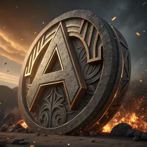 A 3D-rendered, textured logo in grayscale with gold highlights. The logo is large and fills most of the frame, featuring intricate, angular designs. The background is fiery and dynamic, giving a futuristic and dramatic feel.