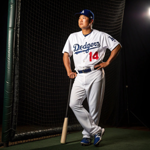 Chin-Lung Hu, baseball player for the Los Angeles Dodgers, standing confidently with a serious expression in a professional studio setting. Wearing his team's white uniform with the LA logo and jersey number 14, posed next to a baseball bat and a dark net-like barrier.