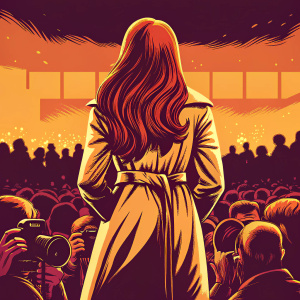 Long-haired redhead in a striking white trench coat at the gladiator movie premiere. Crowded event, paparazzi flashing cameras