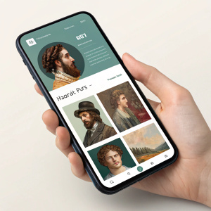 Mockup of a website dedicated to digital art and NFTs. Clean, modern design with soothing color palette. Images of digital art and NFTs displayed in a grid layout. Close-up and full-body portraits of creators. User-friendly and sophisticated.