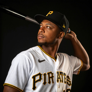 Dauri Moreta, professional baseball player for the Pittsburgh Pirates, striking a pose. Dark background highlighting his white jersey with the Pirates logo and black cap.