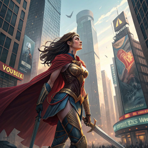 Digital art: Wonder Woman-inspired female character, standing heroically in a modern cityscape, surrounded by skyscrapers and digital billboards.