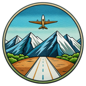 Logo containing the runway where the unmanned aerial vehicle is located, the world, mountains and the concept of success