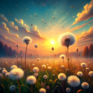 Vintage Old, Spring Meadow with small white Dandelion Flowers in Motion they fly to the wind with the Sunrise in the background. Photo Realistic