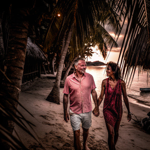 Vincent Cassel and Tina Kunakey, Caucasian couple, walking along a sandy beach. Tropical palm trees and crystal clear water in the background.