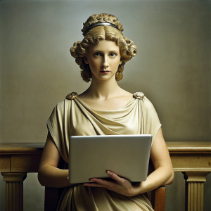 Diosa Romana joven minerva trabajando con un MacBook, que se vea mas humana