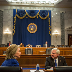 Hillary Clinton and Robert Gates in a Senate hearing room. Blue and gold decor. Solemn atmosphere. Other officials in the background.
