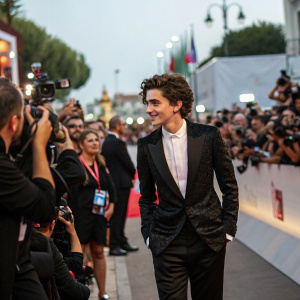 Timothée Chalamet at the Venice Film Festival, in a stylish black suit with a white shirt. Crowded street scene with paparazzi and fans