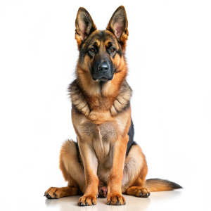 Photorealistic image of a German Shepherd on a white background. The dog sits upright, looking forward. Ears raised alert. The front legs are straight, the hind legs are bent. The tail is wrapped around the body, pressed to the hind legs. The color is black and tan, typical of the breed. Muscular build, thick coat. The lighting is bright and uniform, highlighting the details of the coat and facial features. Studio-quality images with sharp focus and high resolution.